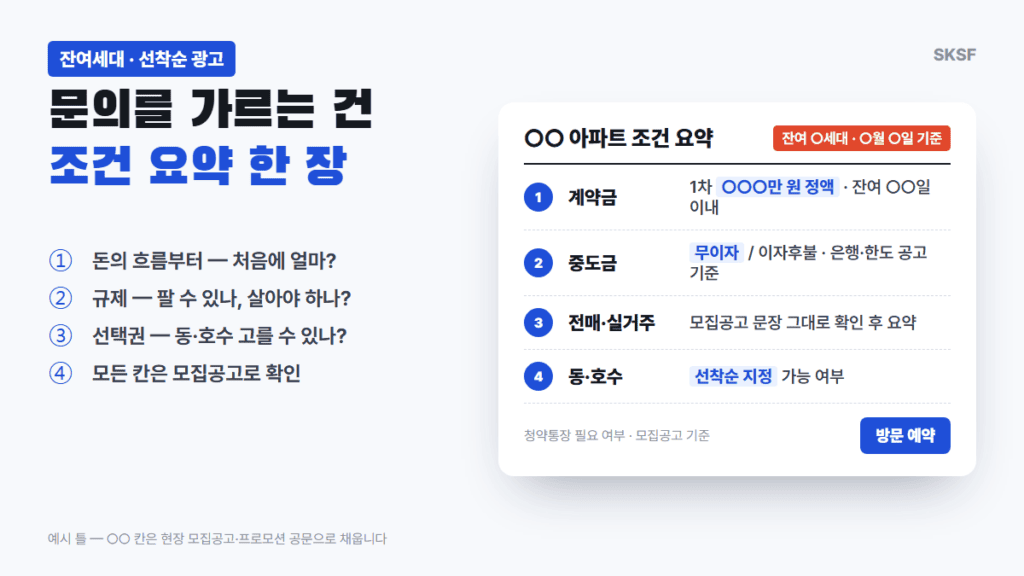 잔여세대 광고 조건 요약 한 장 예시 틀